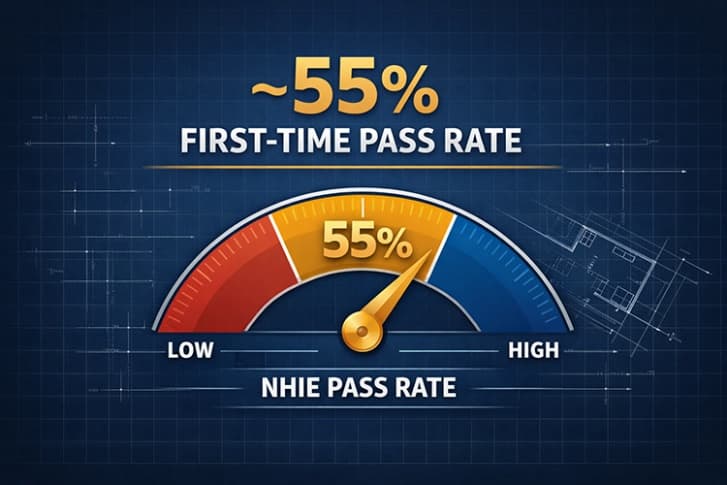 Gauge graphic showing the NHIE first-time pass rate at roughly 55 percent
